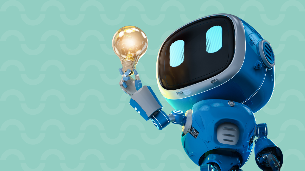 Blue robot holding a glowing light bulb, representing a bright idea