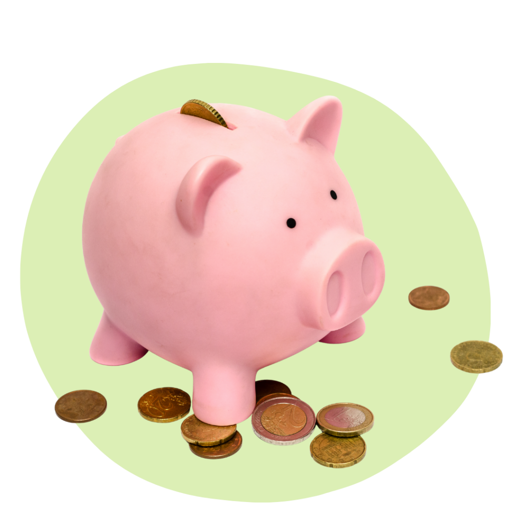 Pink piggy bank with coins scattered around on a light green circular background, illustrating saving money.