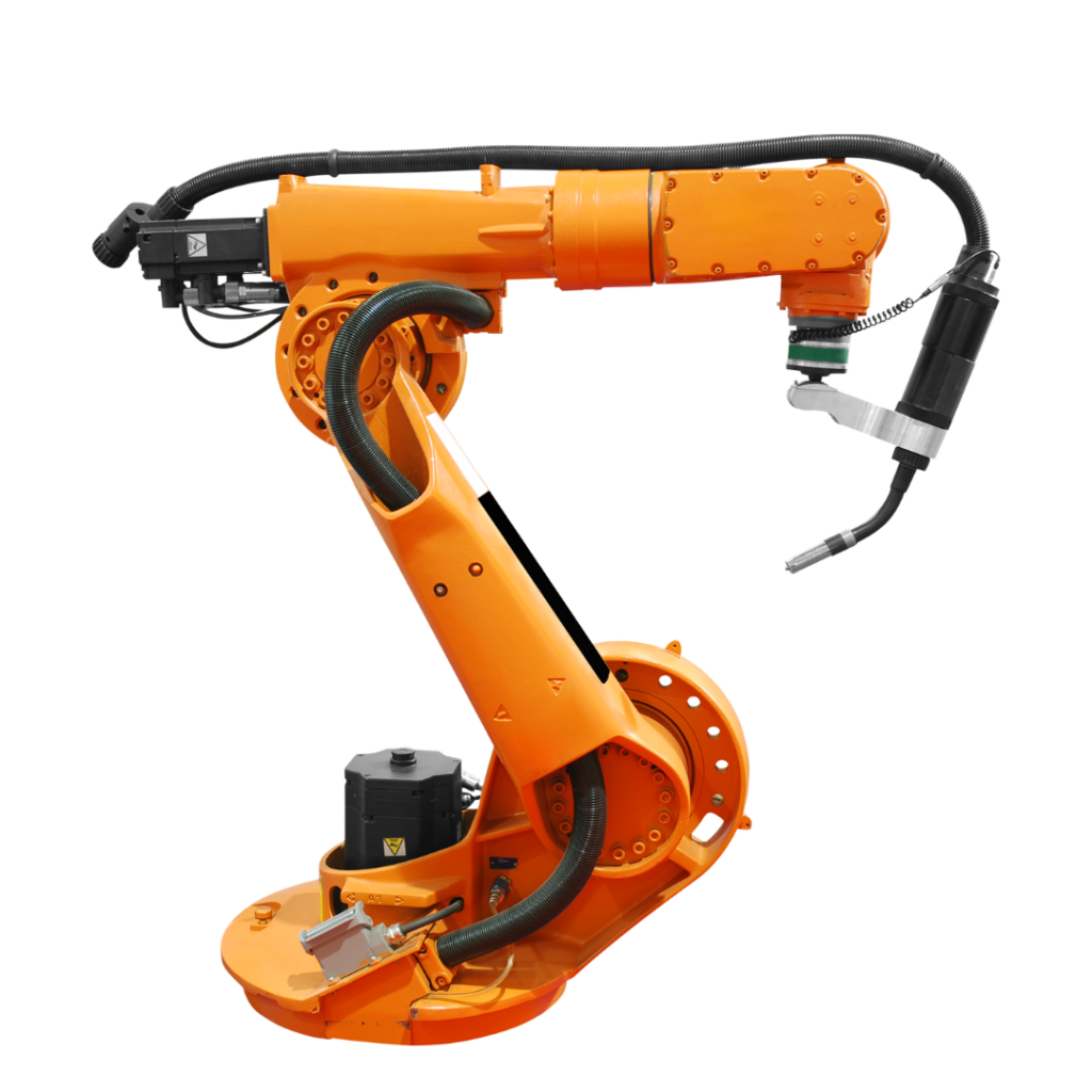 Orange industrial robot arm with a welding torch at the end, mounted on a circular base, used in manufacturing.