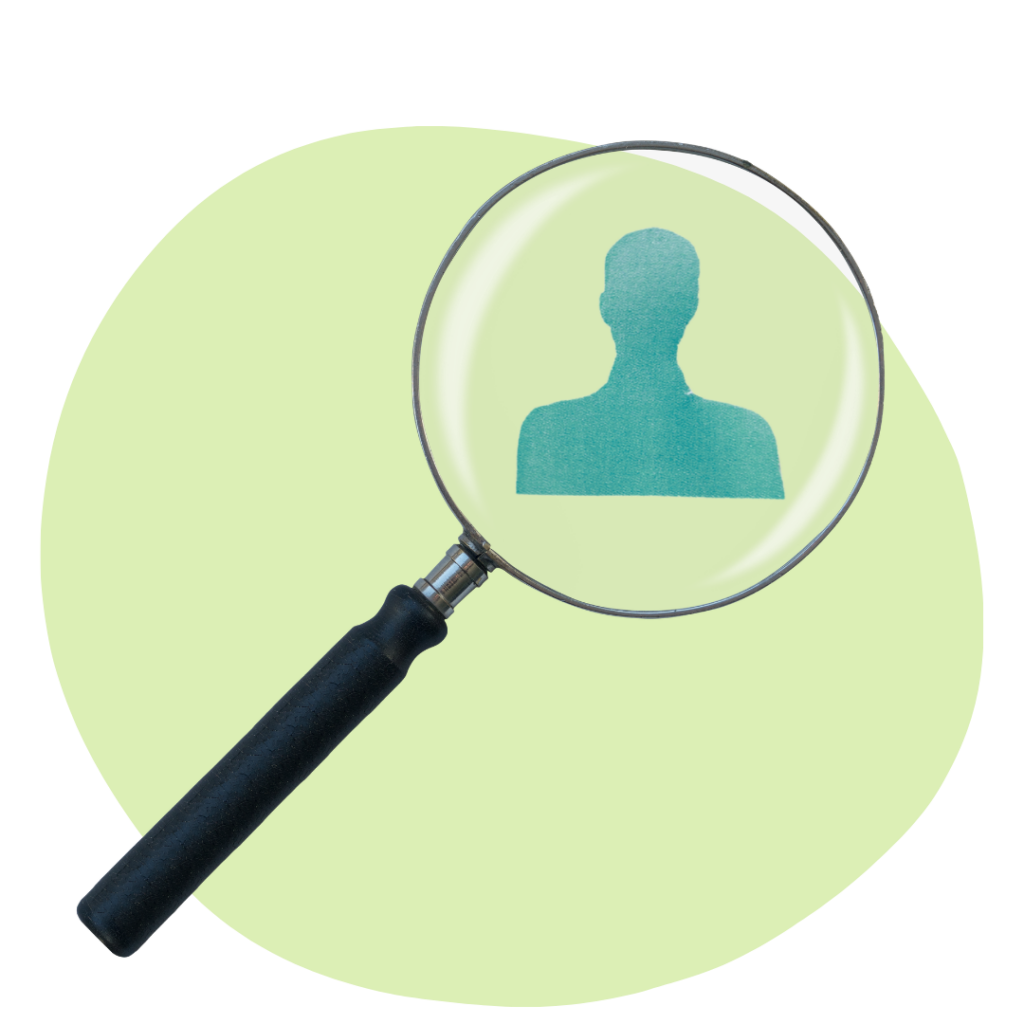 Magnifying glass over a teal human silhouette, symbolizing searching for a person or candidate.