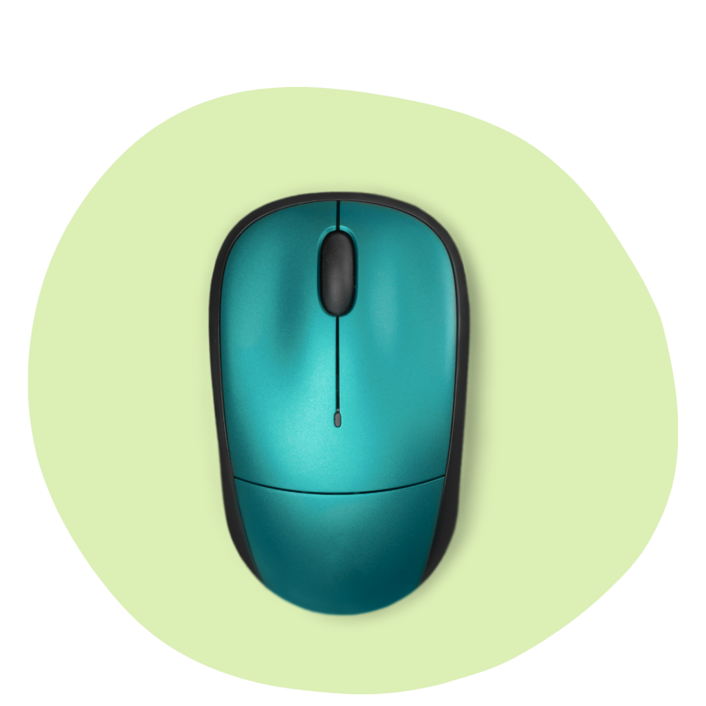Top‑view of a teal wireless computer mouse with a black outline on a pale lime circle background.