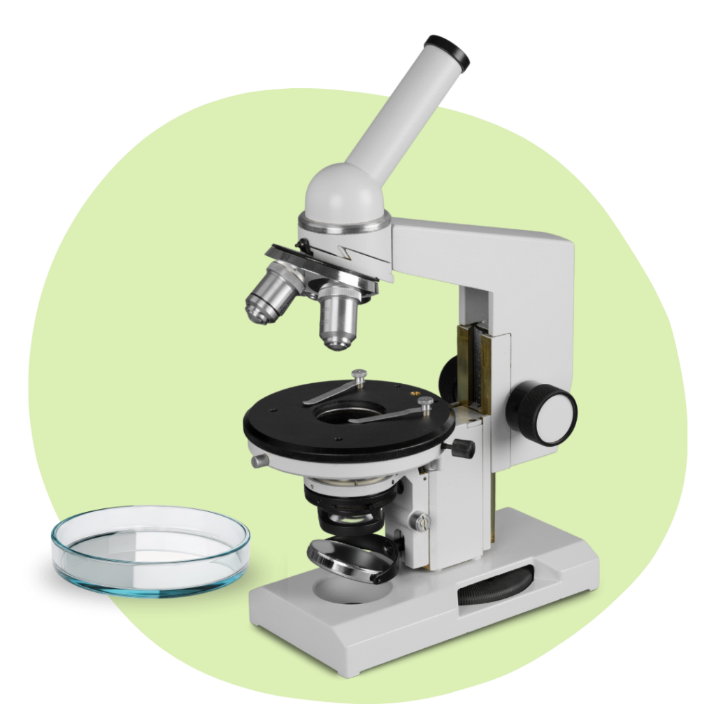 White laboratory compound microscope with dual eyepieces and a glass Petri dish nearby on a pale green circular background