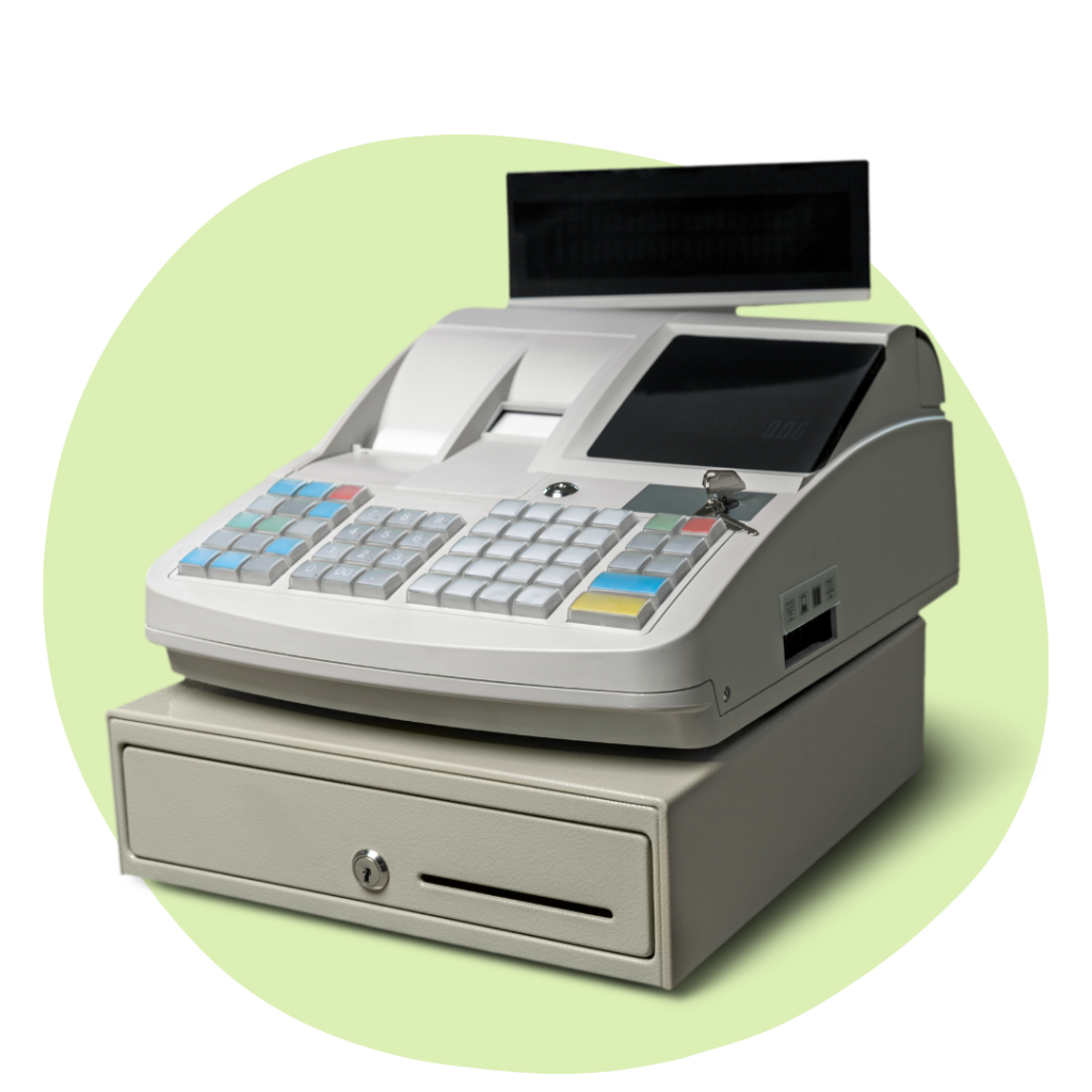 Classic cash register with keypad and receipt printer on a metal drawer, pale green backdrop.