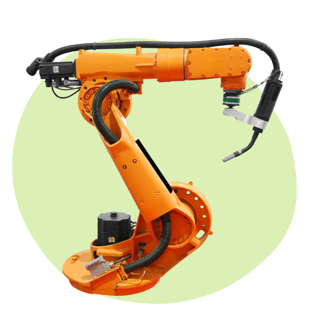 Orange industrial robotic arm with a modular end effector and visible cables, set against a pale green background circle.