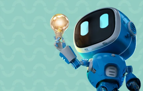 Blue robot holding a glowing light bulb, representing a bright idea