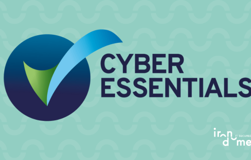 Cyber Essentials Logo on Green Background with Iron Dome logo